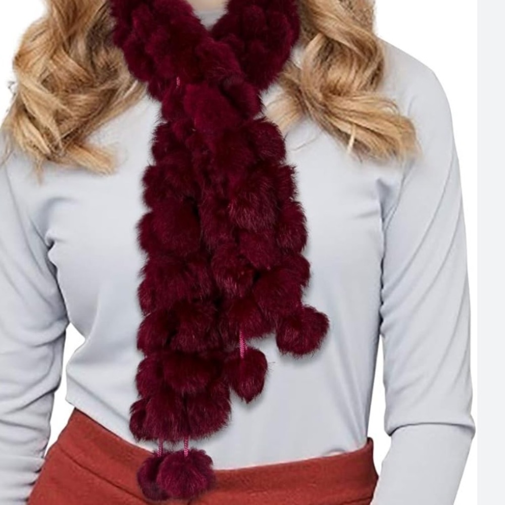 Burgundy Faux Fur Pom Pom Scarf